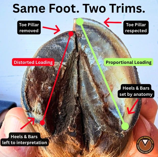 Annotated solar view comparing two trim decisions on opposite sides of the same cadaver pony hoof