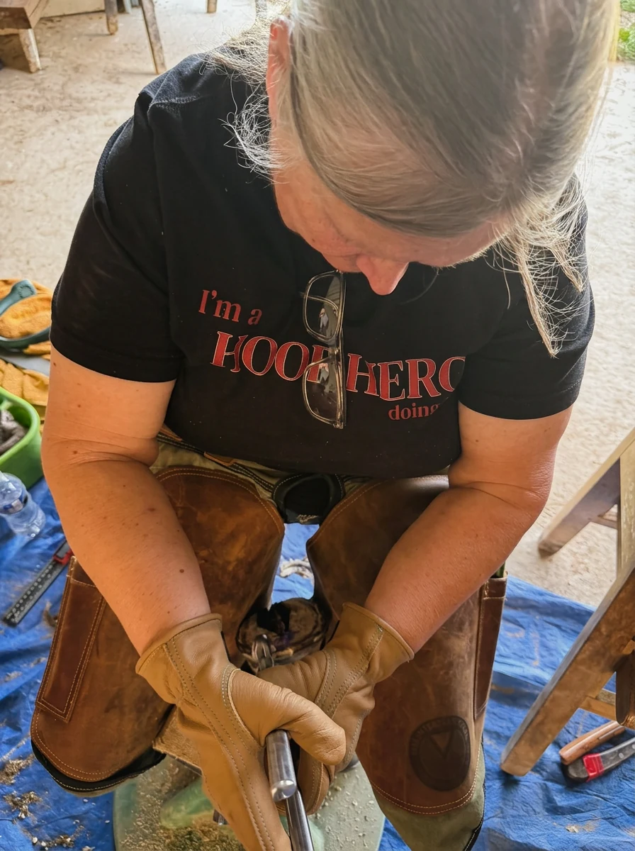Angie, an HMB Professional, wearing her Hoof Hero T-shirt while working with a cadaver hoof at an HM Workshop.