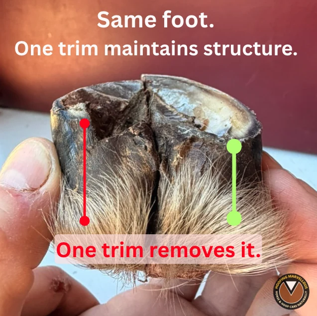Annotated view of the two sides of the same cadaver foot comparing retained and removed hoof structure