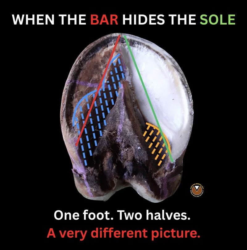 Annotated cadaver hoof comparing an untrimmed half with a trimmed half, with red and green comparison lines and blue and orange markings identifying bar material.