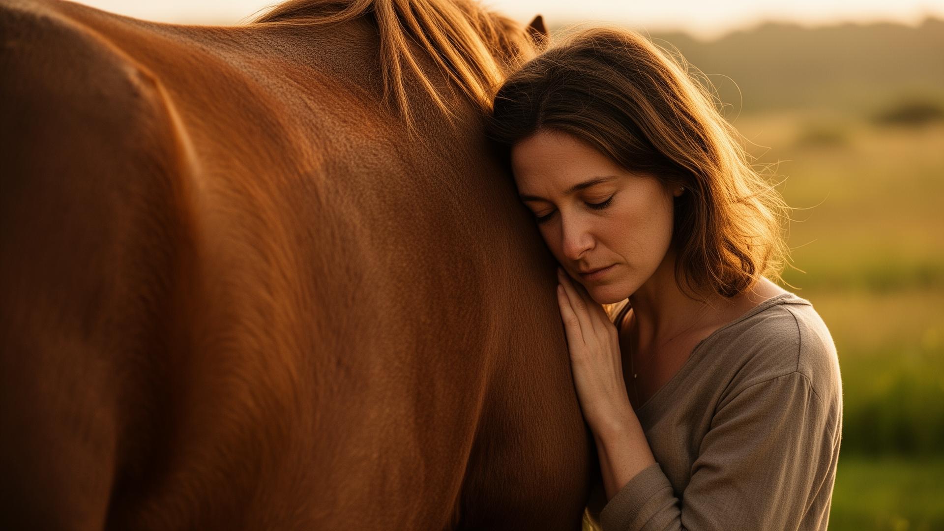 A horse owner standing quietly with their horse